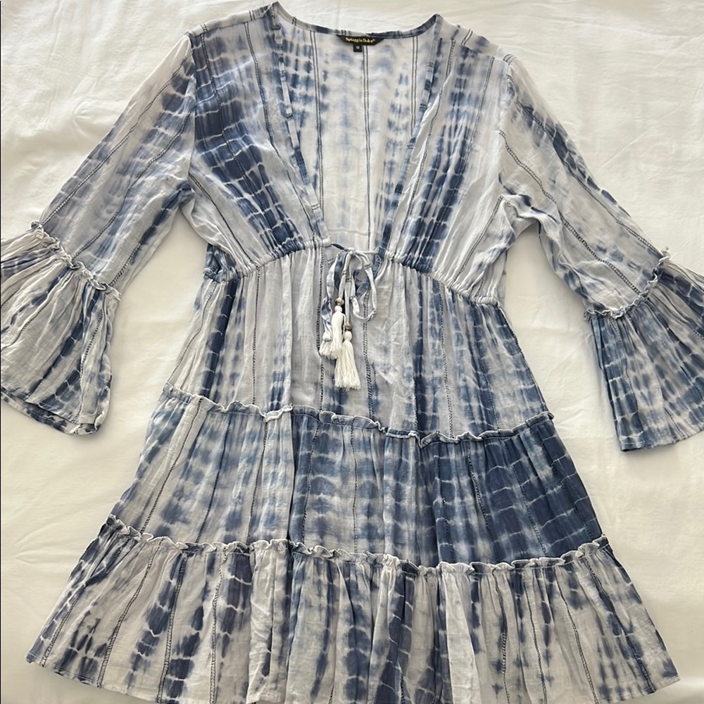 Tie-Dye Blue and White Tiered V-Neck Dress/CoverUp